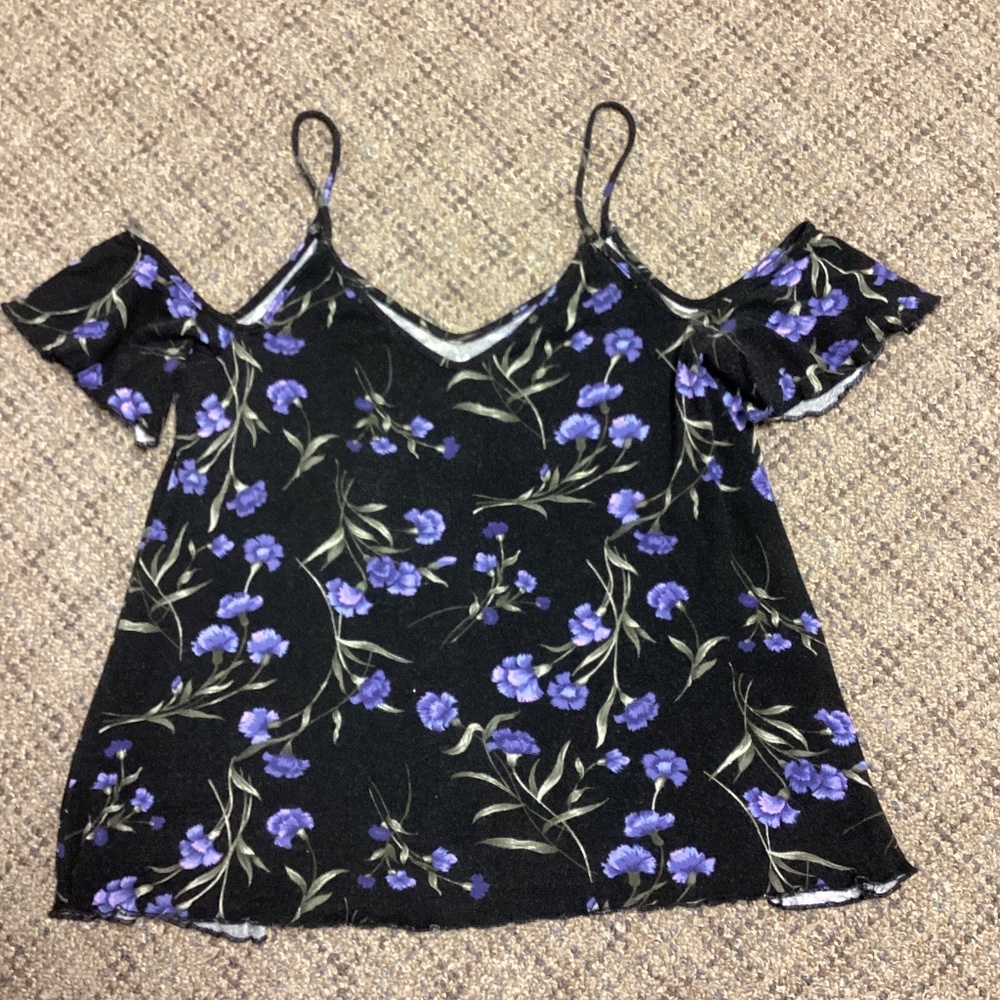 American Eagle Soft Black Purple Floral Off The Shoulder Top * Size Small
